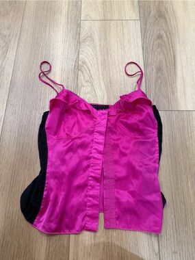 Parallel Women's Hot Pink Satin Cami Top with Ruffle Trim